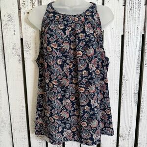 Ava Christine Paisley Floral Top Size Large Navy Sleeveless HighNeck Boho Whimsy